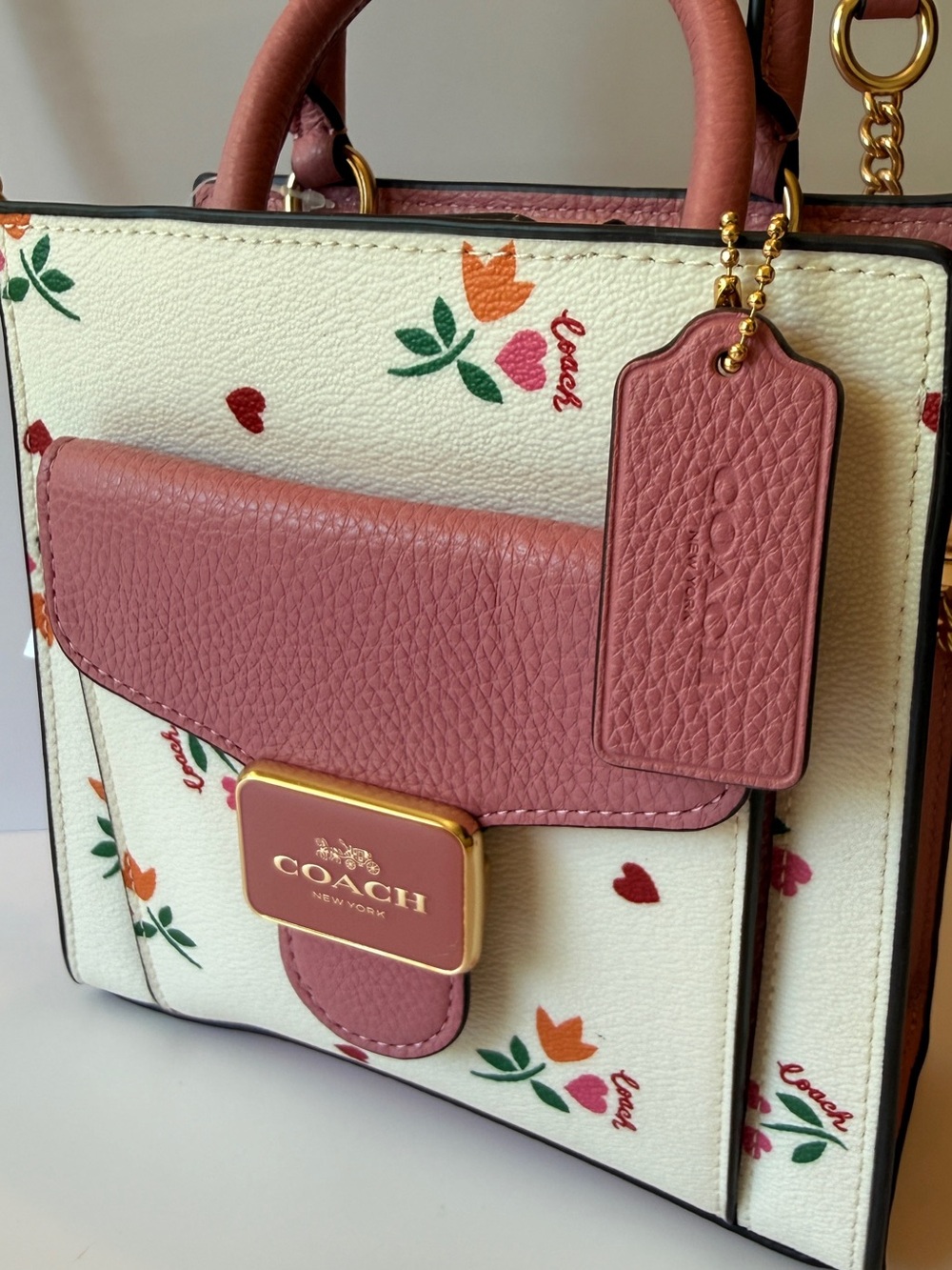 Coach Floral Mini Tote in Cream with Pink Trim - Picture 3 of 7